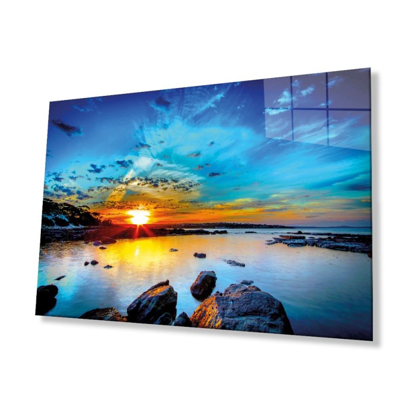Kaya Deniz Manzarası Cam Tablo, Ev ve Ofis Duvar Dekoru, Hediyelik Büyük Temperli 4 mm Cam Tablo