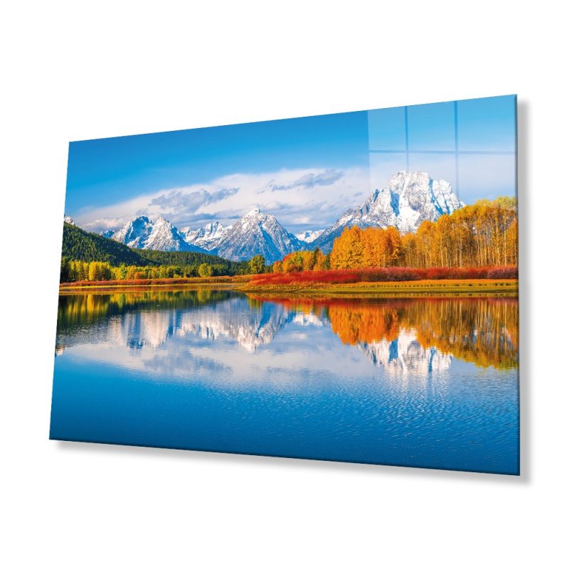 Dağ Yansıma Manzara Cam Tablo, Ev ve Ofis Duvar Dekoru, Hediyelik Büyük Temperli 4 mm Cam Tablo