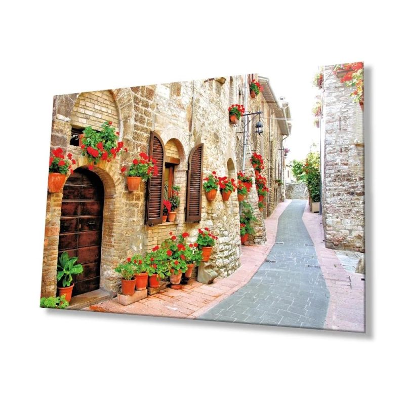 Çiçekli Sokak Cam Tablo 4mm Dayanıklı Temperli Cam, Flower Streets Glass Wall Decor