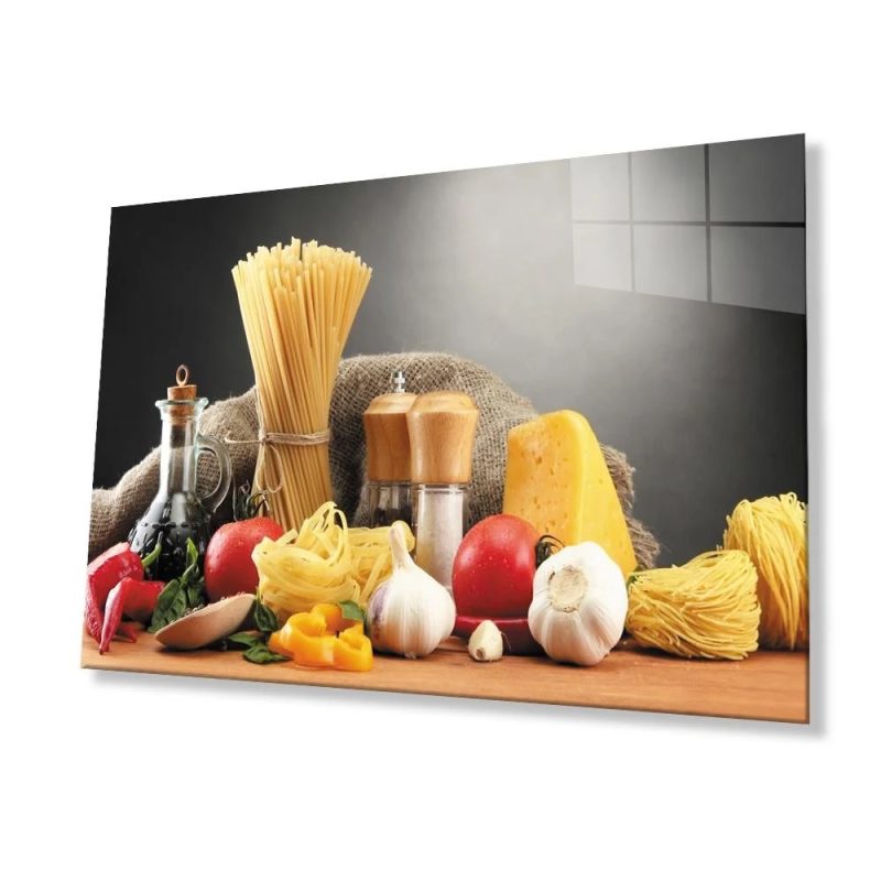 Makarna Sebze Besinler Mutfak Cam Tablo 4mm Dayanıklı Temperli Cam Pasta Vegetables
