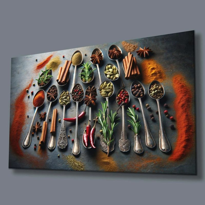 Kaşıklarda Baharatlar Modern Cam Tablo Hediyelik Büyük Tablo Ev  Dekoru 4mm Dayanıklı Temperli Cam