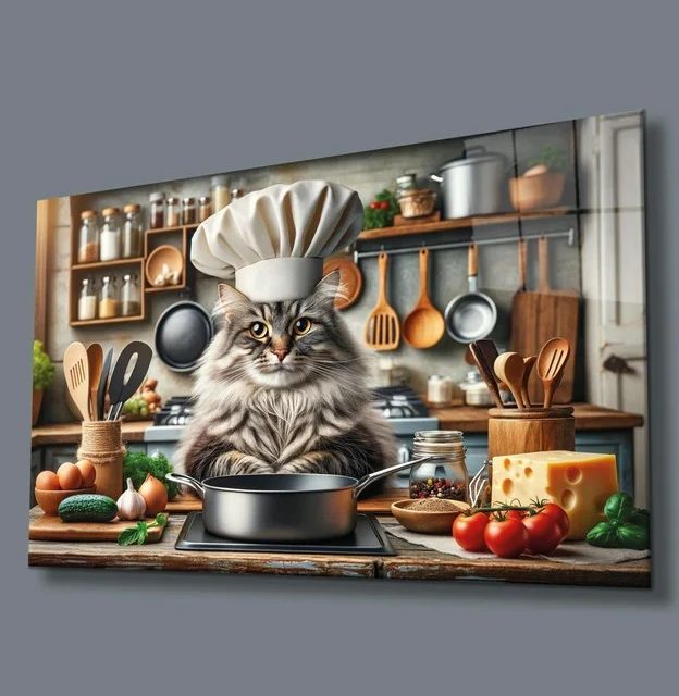 Mutfakta Usta Şef Kedi'nin Ziyafeti Cam Tablo Yapay Zeka Hediyelik Büyük Tablo Ev Ofis Dekoru