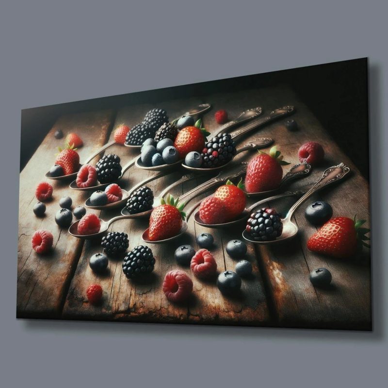 Kaşıklarda Meyveler Modern Cam Tablo Hediyelik Büyük Tablo Ev Ofis Dekoru 4mm Dayanıklı Temperli Cam