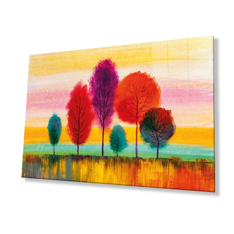 Renkli Ağaçlar Doğa Cam Tablo, Ev ve Ofis Duvar Dekoru, Hediyelik Büyük Temperli 4 mm Cam Tablo