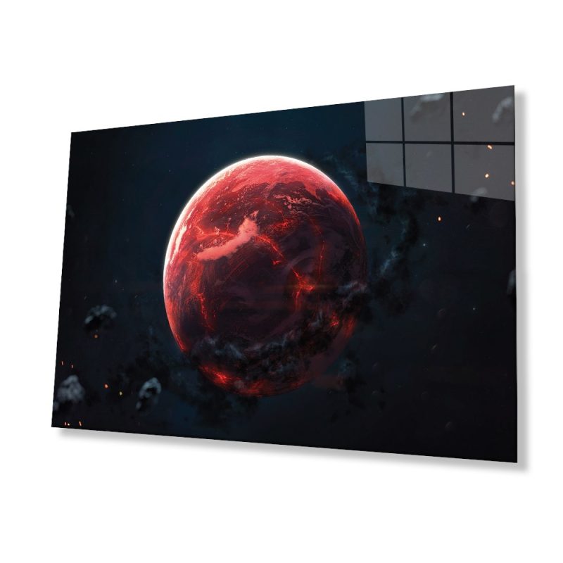 Kırmızı Gezegen Uzay Cam Tablo Ev ve Ofis Duvar Dekoru Hediyelik Büyük Tablo Dayanıklı Cam