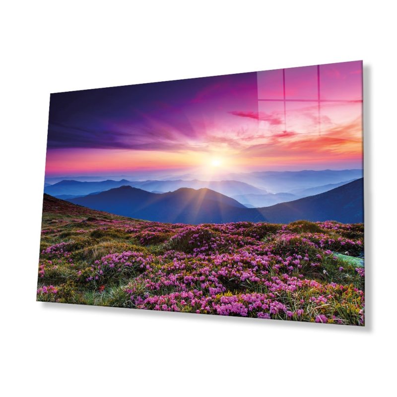 Pembe Dağ Manzarası Cam Tablo, Ev ve Ofis Duvar Dekoru, Hediyelik Büyük Temperli 4 mm Cam Tablo