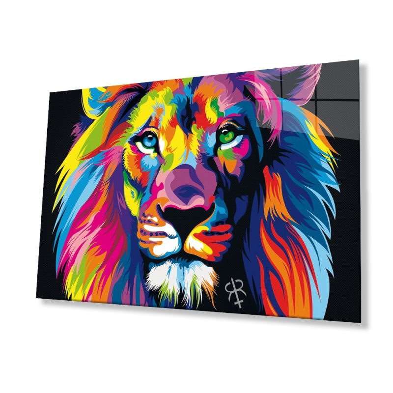 Renkli Aslan Hayvan Cam Tablo Ev ve Ofis Duvar Dekoru Hediyelik Büyük Tablo Dayanıklı Cam
