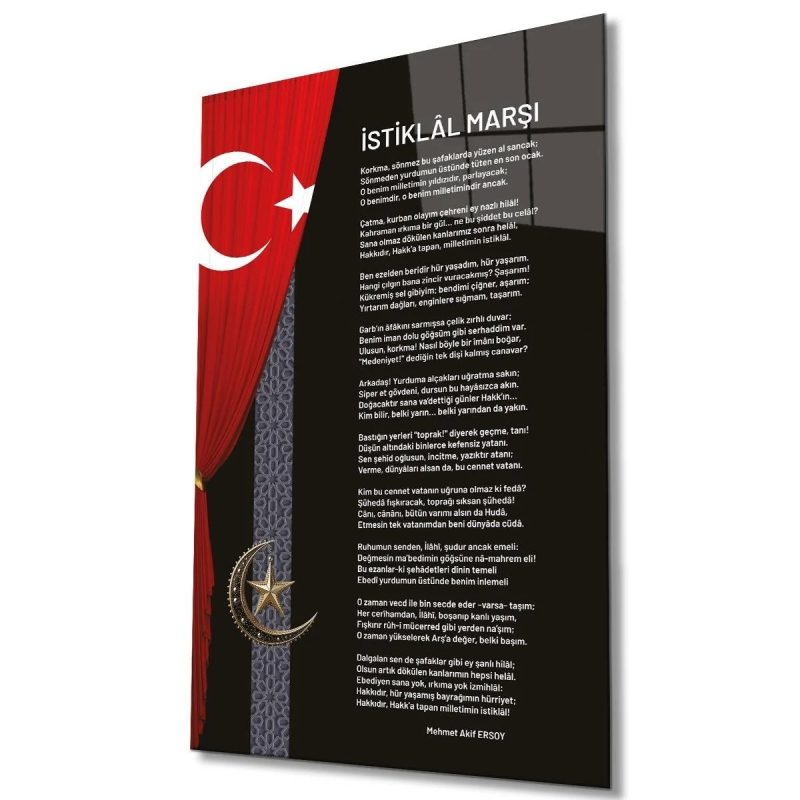 İstiklal Marşı ve Türk Bayrağı bir arada Cam Tablo Modern Hediyelik Büyük Tablo Duvar Dekoru