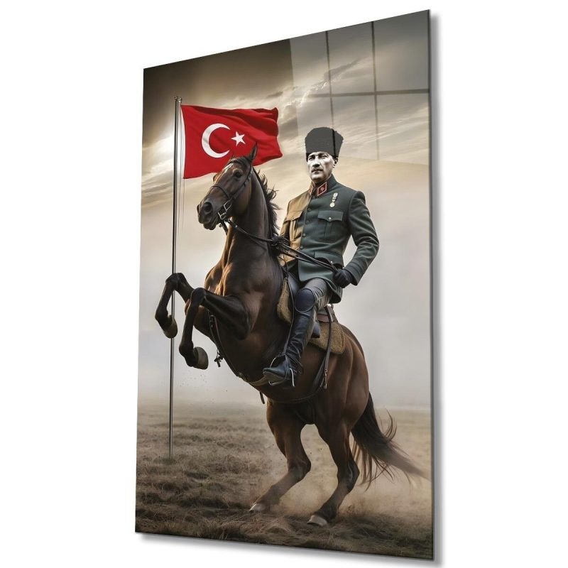 Atatürk Portre ve Türk Bayrağı Cam Tablo Modern Ev Ofis Salon Hediyelik Büyük Tablo Duvar Dekoru