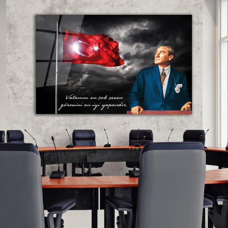 Türk Bayrağı ve Atatürk Cam Tablo Vatanını En Çok Seven Modern Ev Ofis Salon Kurum Hediyelik Tablo