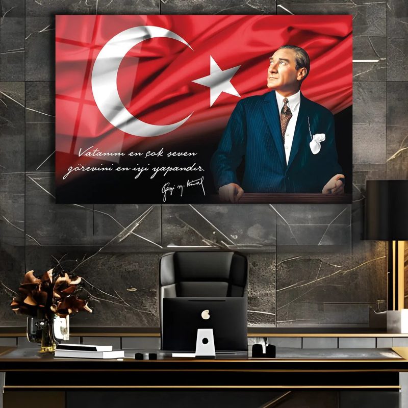 Atatürk Portre ve Türk Bayrağı Vatanını En Çok Seven Görevini En İyi Yapandır Cam Tablo, Hediyelik