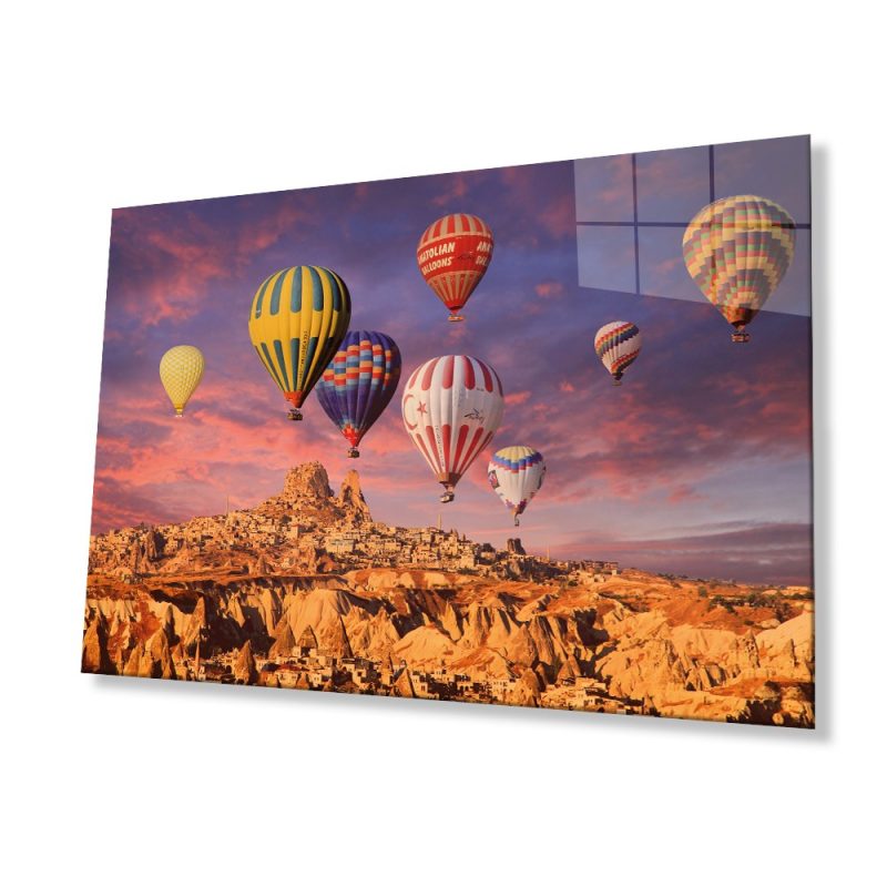 Uçan Balonlar Kapadokya Cam Tablo, Ev ve Ofis Duvar Dekoru, Hediyelik Büyük Temperli 4 mm Cam Tablo