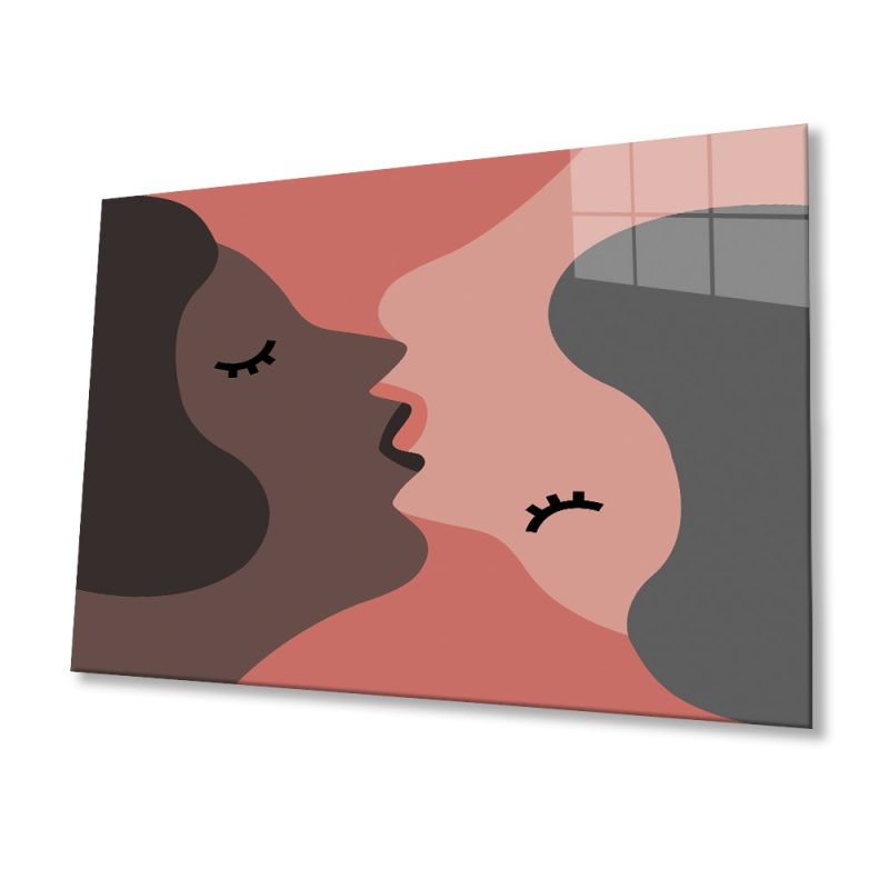 İllüstrasyon Karikatür Öpücük Cam Tablo, Ev ve Ofis Duvar Dekoru, Hediyelik Büyük Temperli Cam Tablo