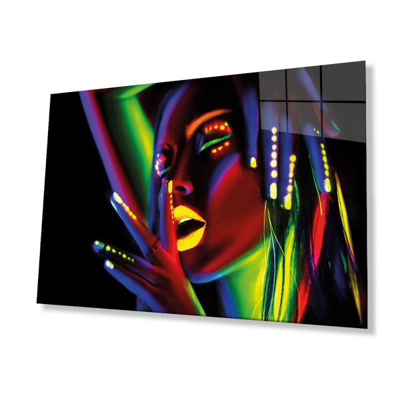 Yeşil Sarı Kırmızı Mor Parıltılı Kadın Cam Tablo, Ev ve Ofis Duvar Dekoru, Hediyelik Büyük Cam Tablo