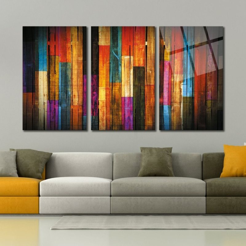 Tahta Soyut Renkli 3lü Kombin Cam Tablo