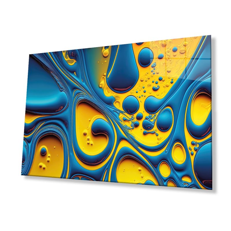 Mavi Sarı Soyut Cam Tablo, Ev ve Ofis Duvar Dekoru, Hediyelik Büyük Temperli 4 mm Cam Tablo