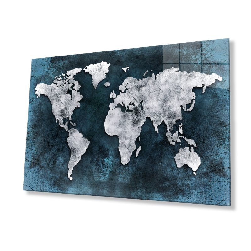 Gri Eskitme Dünya Haritası Cam Tablo, Ev ve Ofis Duvar Dekoru, Hediyelik Büyük Cam Tablo