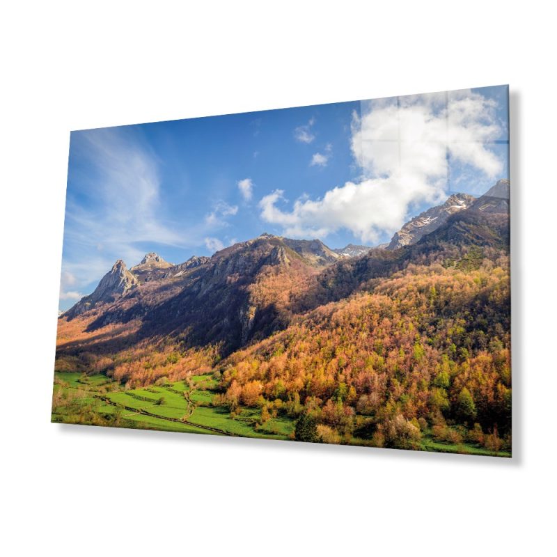 Yeşil Ağaçlı Dağ Manzarası ve Gökyüzü Cam Tablo, Ev ve Ofis Duvar Dekoru, Hediyelik Büyük Cam Tablo