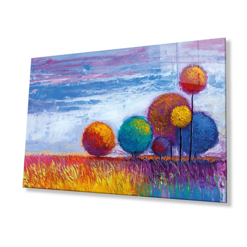 Renkli Ağaçlar Doğa Cam Tablo, Ev ve Ofis Duvar Dekoru, Hediyelik Büyük Temperli 4 mm Cam Tablo