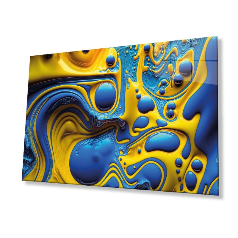 Mavi Sarı Soyut Cam Tablo, Ev ve Ofis Duvar Dekoru, Hediyelik Büyük Temperli 4 mm Cam Tablo