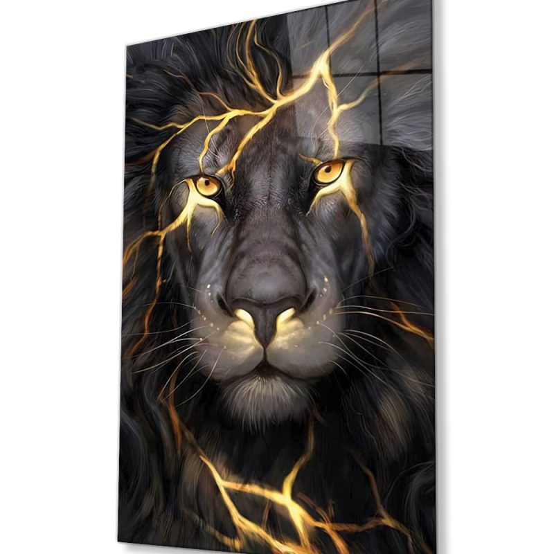 Sarı Gözlü Aslan Hayvan Portresi Cam Tablo, Ev ve Ofis Duvar Dekoru, Hediyelik Büyük Cam Tablo
