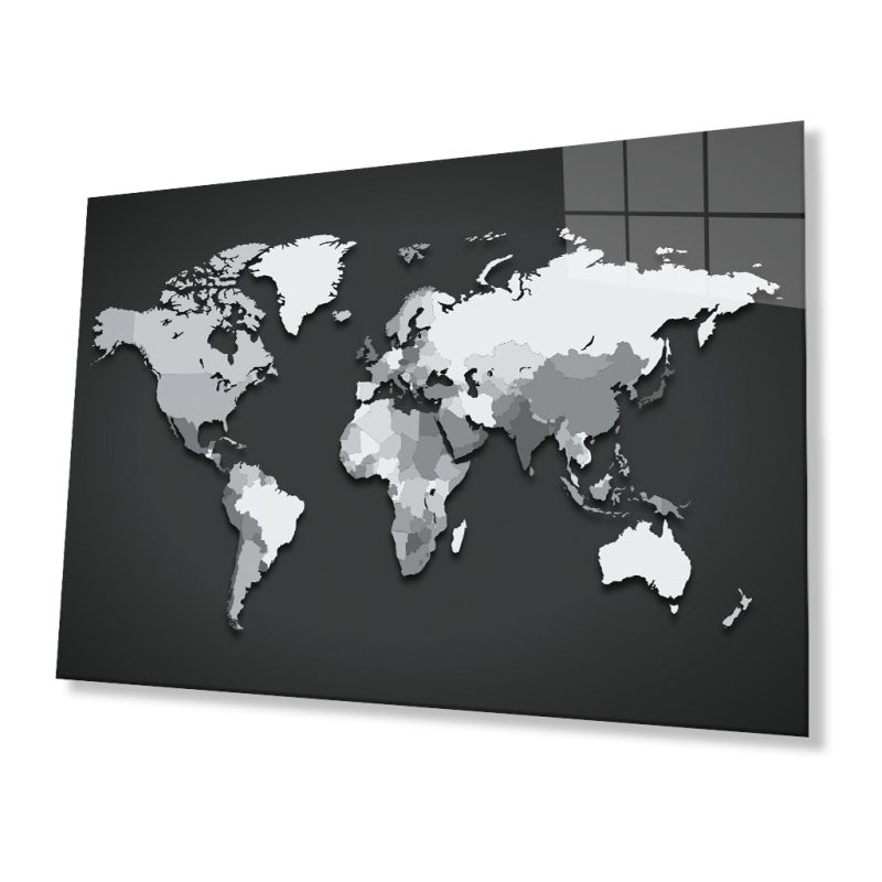 Siyah Beyaz Dünya Haritası 4mm Dayanıklı Cam Tablo