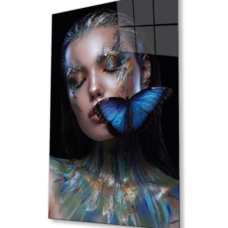 Renkli Kadın ve Kelebek Cam Tablo