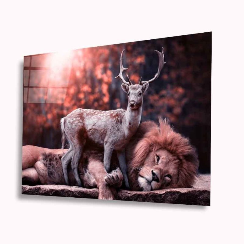 Aslan ve Geyik Cam Tablo 4mm Dayanıklı Temperli Cam