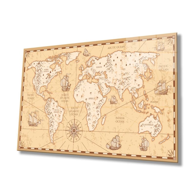 Tarihi Dünya Haritası Cam Tablo, Ev ve Ofis Duvar Dekoru, Hediyelik Büyük Temperli 4 mm Cam Tablo