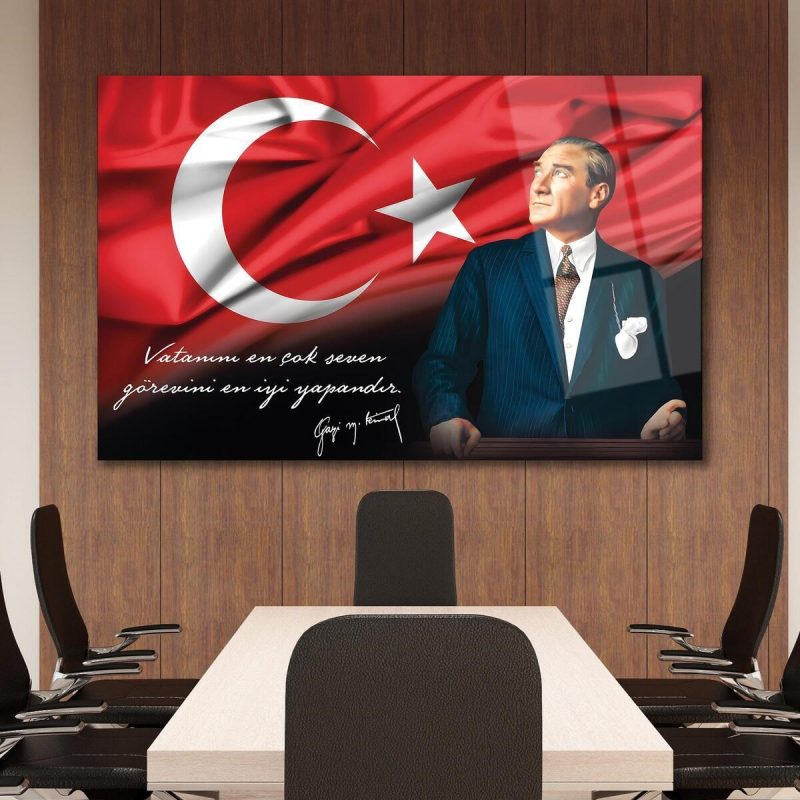 Atatürk Portre Cam Tablo Vatanını En Çok Seven Görevini En İyi Yapandır Kurum Hediyelik Büyük Tablo