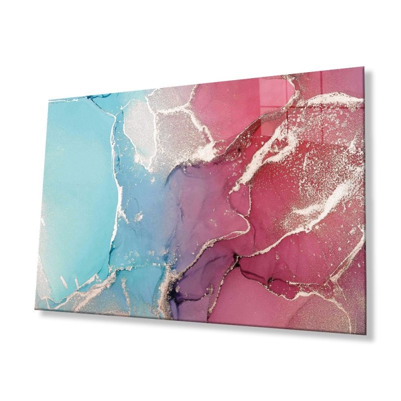 Pembe ve Mavi Soyut Cam Tablo, Ev ve Ofis Duvar Dekoru, Hediyelik Büyük Temperli 4 mm Cam Tablo