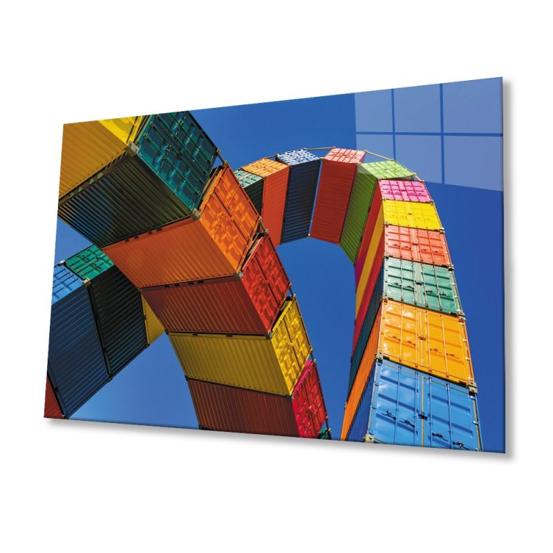 Renkli Konteynırlar Cam Tablo, Ev ve Ofis Duvar Dekoru, Hediyelik Büyük Temperli 4 mm Cam Tablo