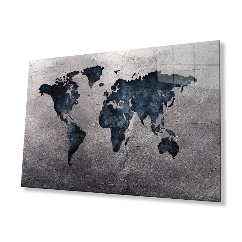 Gri Eskitme Dünya Haritası Cam Tablo, Ev ve Ofis Duvar Dekoru, Hediyelik Büyük Temperli Cam Tablo