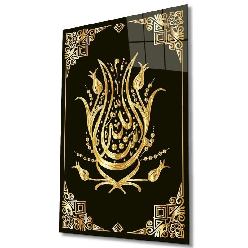 Allah Lafzı ve Laleler Cam Tablo İslami Dini Modern Ev Ofis Salon Hediyelik Büyük Tablo Duvar Dekoru