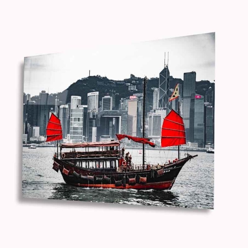 Kırmızı Yelkenli Tekne Cam Tablo 4mm Dayanıklı Temperli Cam