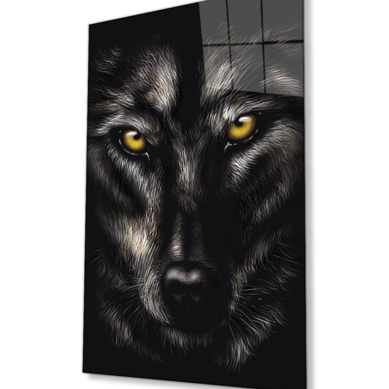 Sarı Gözlü Kurt Hayvan Portresi Cam Tablo, Ev ve Ofis Duvar Dekoru, Hediyelik Büyük Cam Tablo