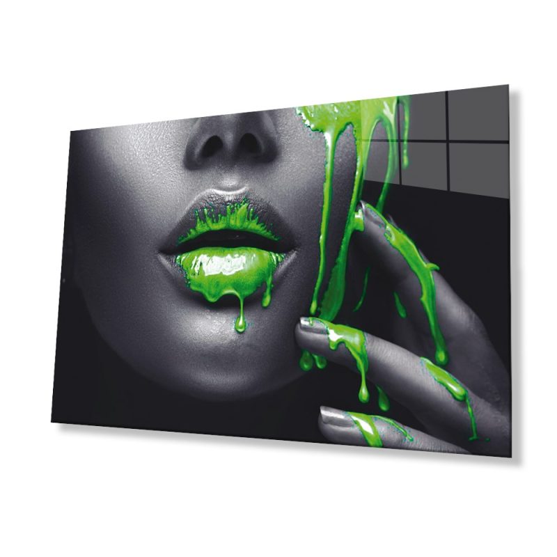 Yeşil Dudaklı  Kadın Cam Tablo