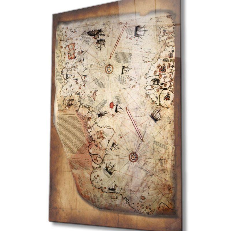 Piri Reis Dünya Haritası Cam Tablo, Ev ve Ofis Duvar Dekoru, Hediyelik Büyük Temperli 4 mm Cam Tablo