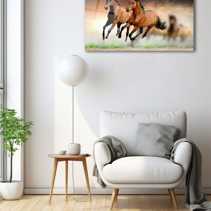 Dekoratif Duvar Tablosu Temperli Cam Tablo Atlar