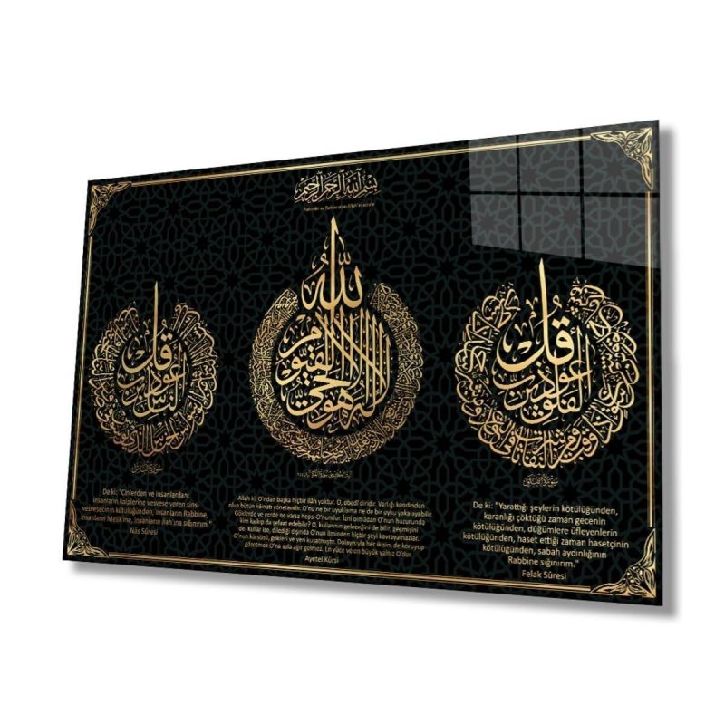Ayetel Kürsi, Felak ve Nas Suresi Dini İslami Cam Tablo, Ev Ofis Duvar Dekoru Hediyelik Büyük Tablo