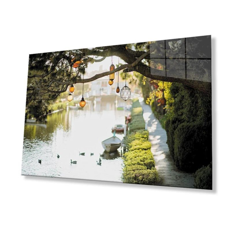 Ağaç Irmak Manzara Cam Tablo 4mm Dayanıklı Temperli Cam Tree River Landscape Glass Wall Art