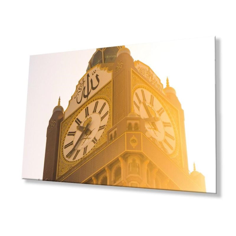 Allah Lafzı Saat Kulesi Dini Duvar Dekoru Cam Tablo 4mm Dayanıklı Temperli Cam