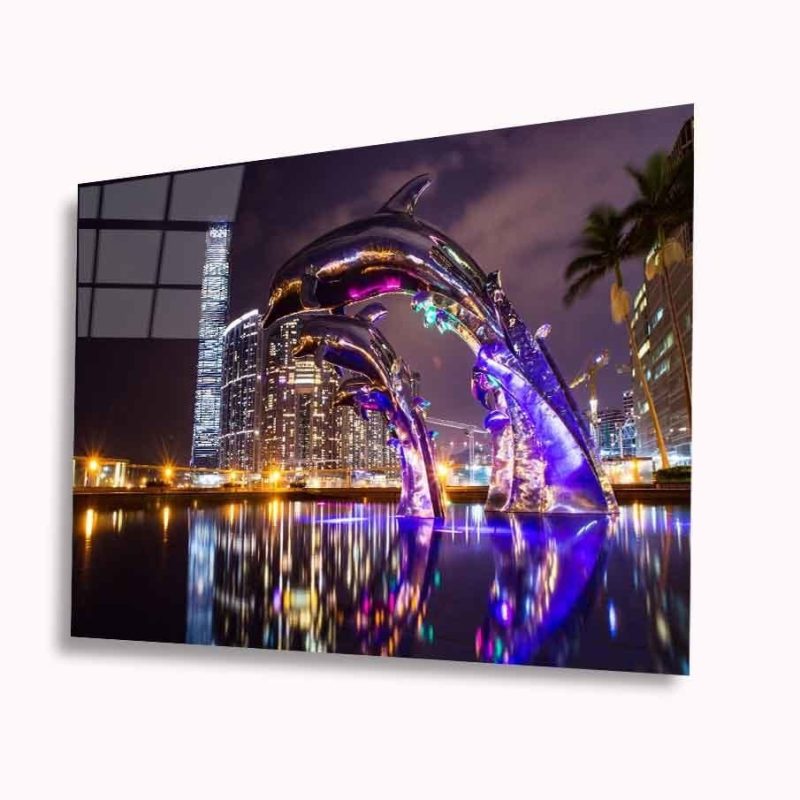 Işıklı Yunuslar Cam Tablo 4mm Dayanıklı Temperli Cam