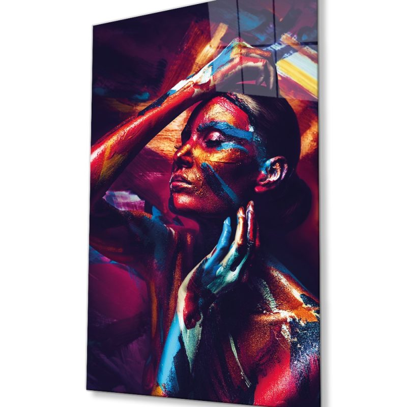 Rengarenk Parıltılı Kadın Cam Tablo, Ev ve Ofis Duvar Dekoru, Hediyelik Büyük Temperli Cam Tablo