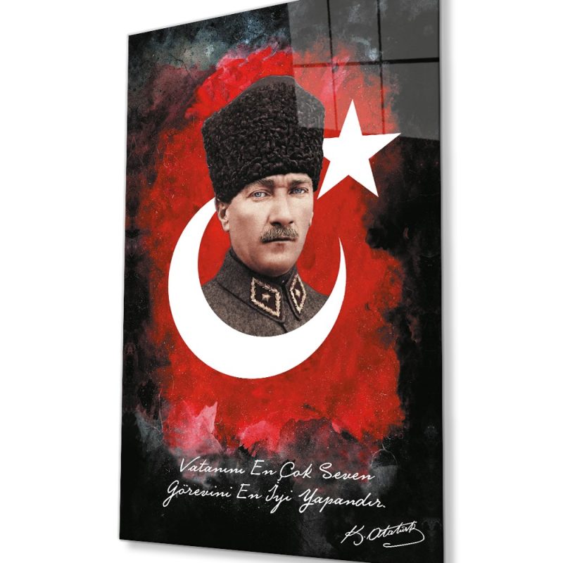 Vatanını En Çok Seven Görevini En İyi Yapandır Atatürk Türk Bayrağı Cam Tablo, Ev Ofis Duvar Dekoru