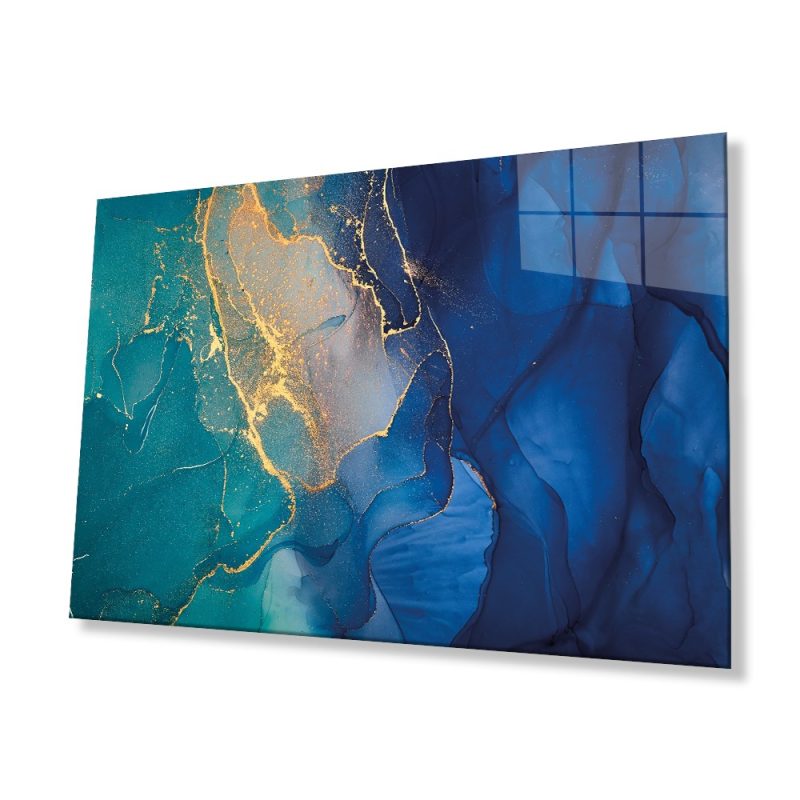 Mavi Renkli Soyut Cam Tablo, Ev ve Ofis Duvar Dekoru, Hediyelik Büyük Temperli 4 mm Cam Tablo