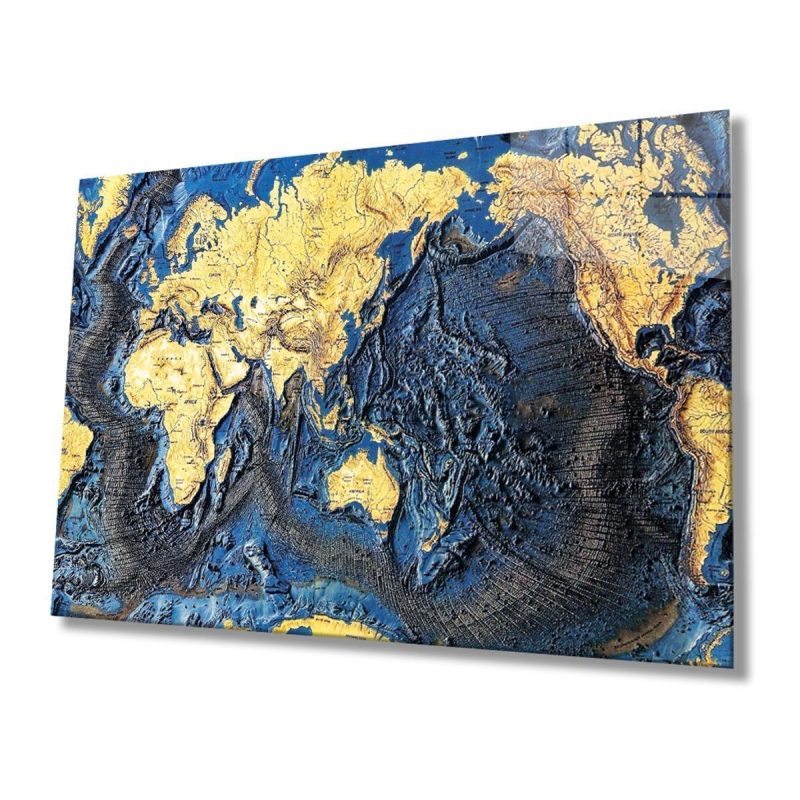 Dünya Haritası 84 Temalı Modern UV Dijital Baskı Dekoratif Cam Tablo