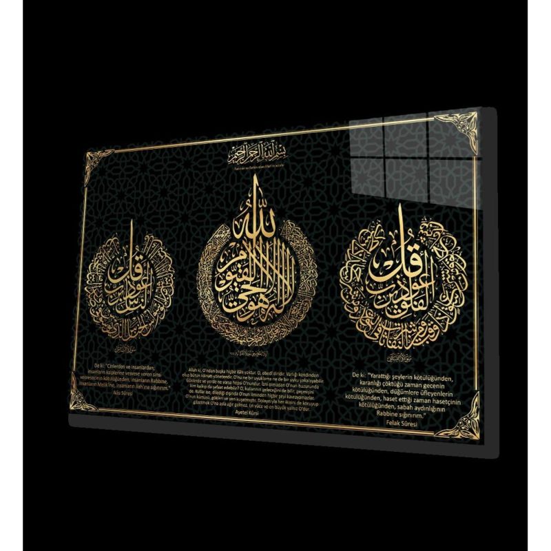 Ayetel Kürsi, Felak ve Nas Suresi Dini İslami Cam Tablo, Ev Ofis Duvar Dekoru Hediyelik Büyük Tablo