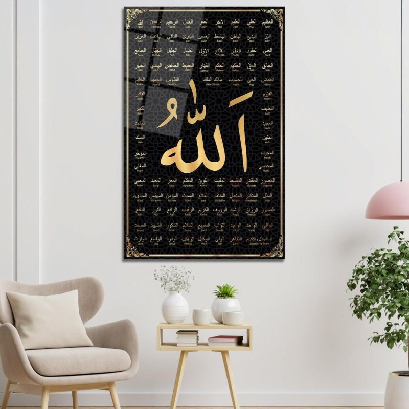 Allah'ın 99 ismi Cam Tablo Dini İslami Modern Ev Ofis Salon Hediyelik Büyük Tablo Duvar Dekoru