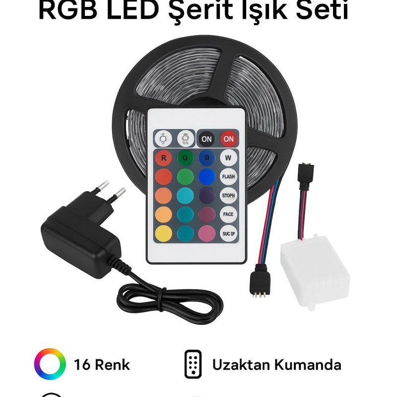 RGB LED Şerit Işık Seti 5 Metre – 16 Renk Uzaktan Kumandalı, Adaptör Dahil, Dekoratif Aydınlatma